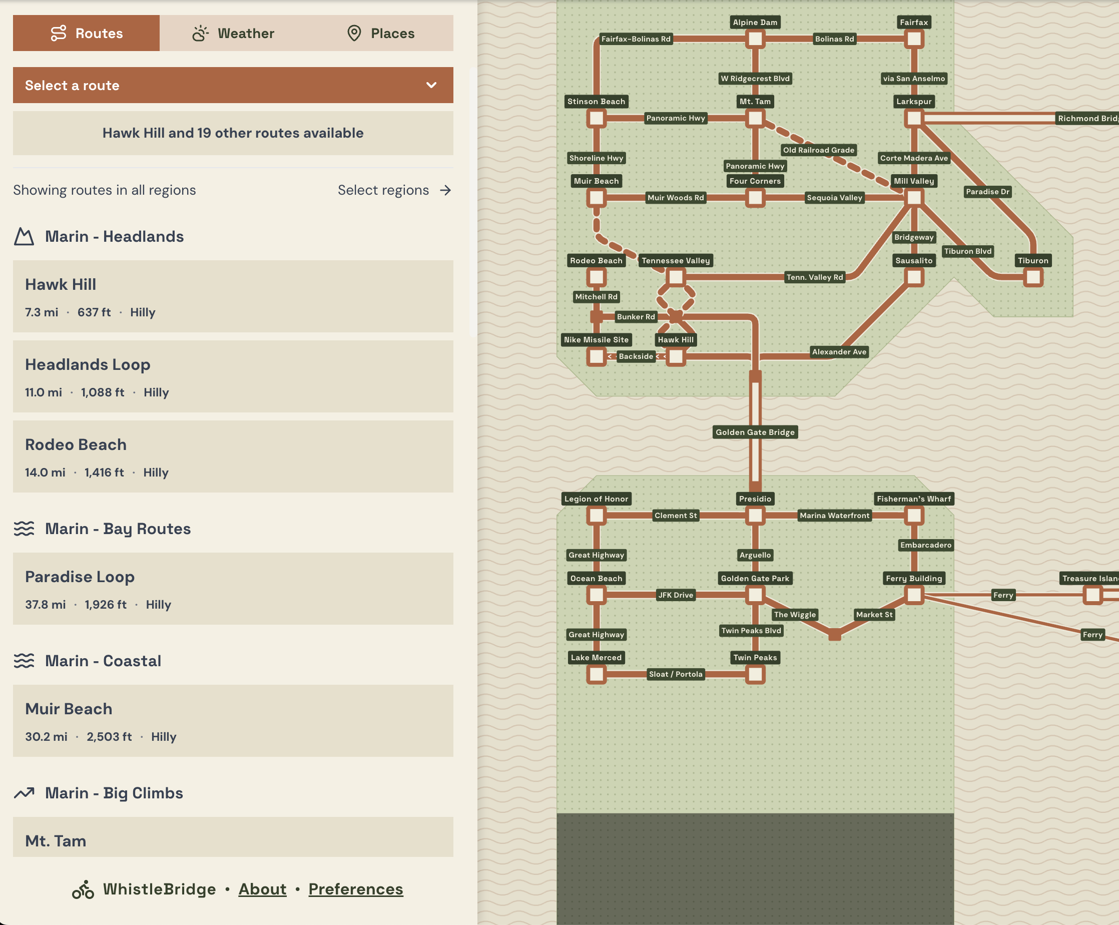 WhistleBridge app showing cycling routes and a map of the Bay Area